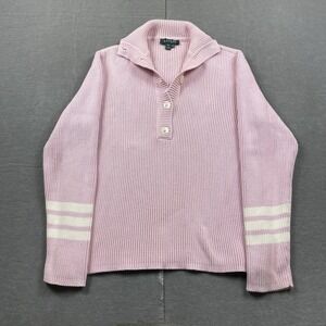 Lauren Ralph Lauren Sweater Womens XL‎ Pink Henley Tennis Knit Pullover Preppy